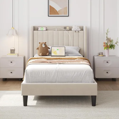 Yaheetech Twin Platform Bed Frame, Upholstered Wing Side Headboard with USB Charging Station and Storage Shelf, Wooden Slat Support, Noise Free, No