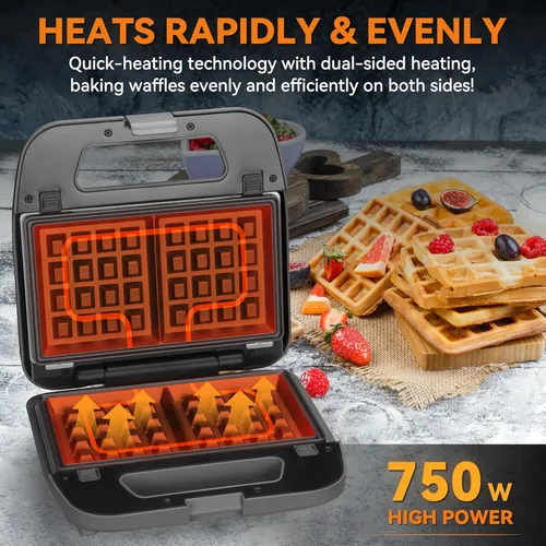 Miniatura 3 de Baker's Friend Mini waflera 3 en 1 con platos extraíbles, platos dobles para gofres y panqueques y parrilla, prensa para sándwiches de desayuno