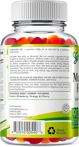 Miniatura 2 de Greenfield Nutritions - Gomitas multivitamínicas halal para adultos, multivitamínico masticable sin gelatina con vitamina D3, B6, B12, zinc y C