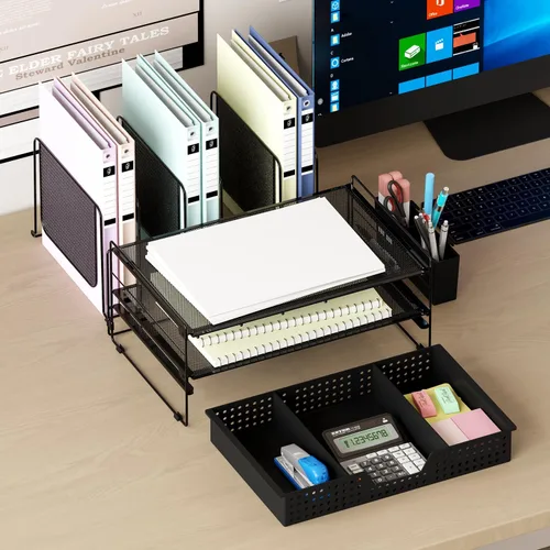 Miniatura 3 de LEKETREE Organizador de escritorio, organización de oficina con soporte de archivos vertical, organizador de archivos con cajón y soporte