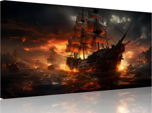 Miniatura 23 de TutuBeer 3 Piezas Arte de Pared Batalla Naval Barco Imagen Barco Pirata Velero Póster Barco Pirata Azul en Llamas Imagen Impresa en Lienzo Póster
