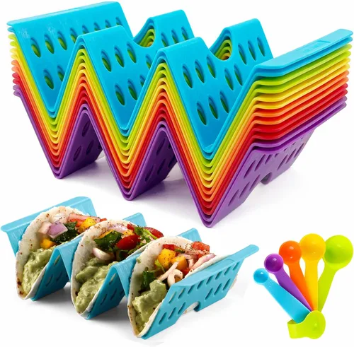 Juego de 12 soportes para tacos, juego de servicio de barra de tacos para una fiesta, bandejas grandes para tacos, soporte para tacos duros o