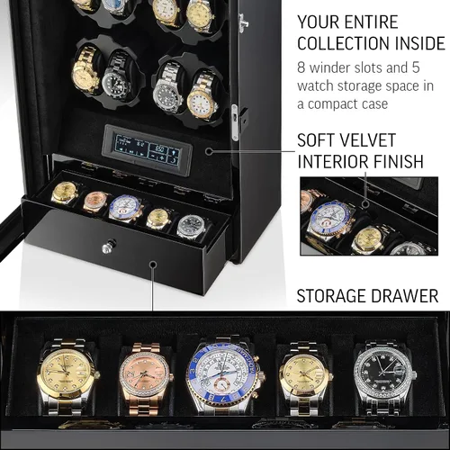 Miniatura 6 de Bobinadora de 8 relojes con retroiluminación LED y 5 cajones de almacenamiento para relojes