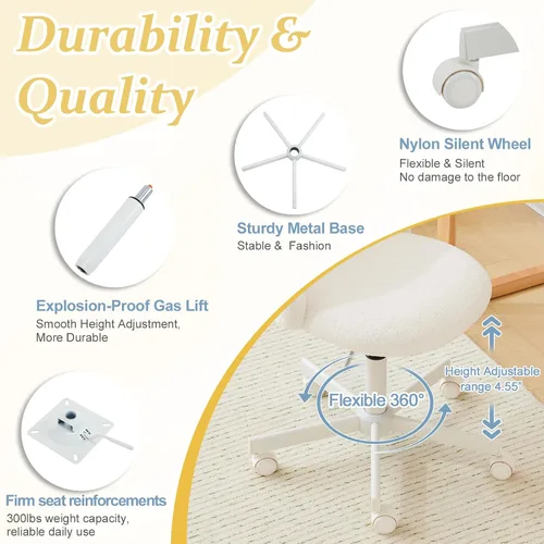 Miniatura 5 de VINGLI Silla de tocador moderna con respaldo, silla de escritorio de terciopelo para niñas, silla de oficina pequeña con ruedas silenciosas, Blanco