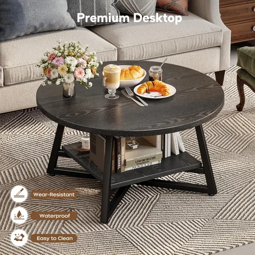 Miniatura 6 de Mesa de café para sala de estar, Mesa de café redonda, Mesa de café pequeña circular con almacenamiento, Mesa de centro redonda moderna de madera