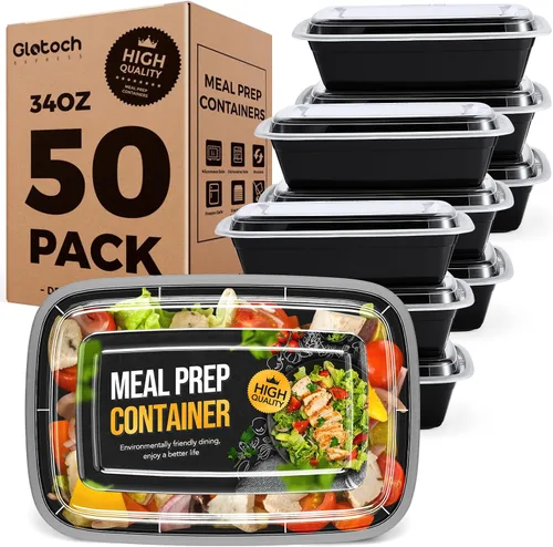 100 piezas (50 paquetes) 34 OZ Recipientes reutilizables para preparación de comidas con tapas, resistentes, a prueba de fugas y seguras para