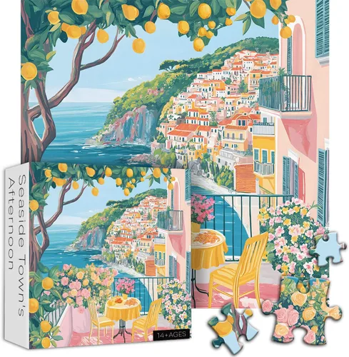 Miniatura 2 de Italia Cinque Terre Rompecabezas Rompecabezas para Adultos 1000 Piezas, Rompecabezas de Playa Colorido con Flor, Arte de Paisaje Oceánico de Verano