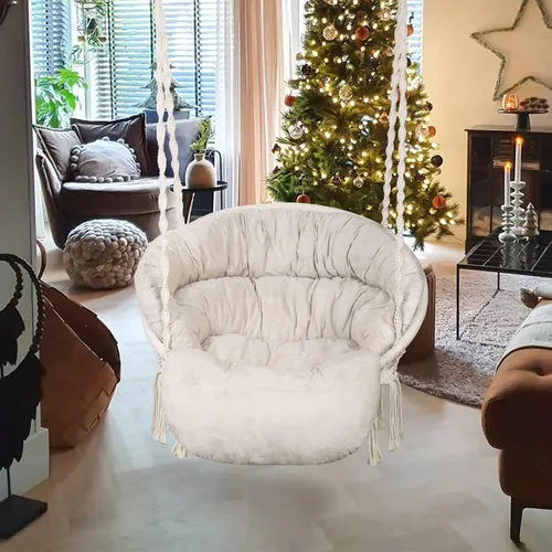 Miniatura 6 de Silla hamaca con cojín, silla columpio de macramé hecha a mano con kits de accesorios para colgar, estilo bohemio, silla colgante de cuerda de Beige