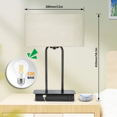 Miniatura 5 de Lámpara de mesa con control táctil regulable en 3 vías con 2 puertos USB y toma de corriente AC, lámpara moderna de mesita de noche con pantalla