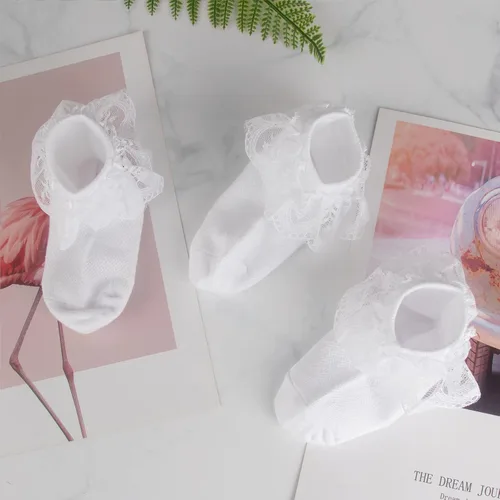 Miniatura 7 de Looching 4 pares de calcetines de princesa de encaje para bebés y niñas pequeñas, calcetines de algodón con volantes sólidos al tobillo