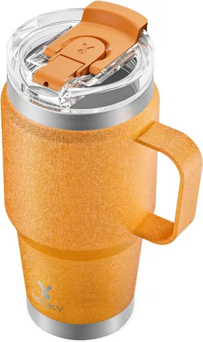 Meoky Vaso de viaje de 24 onzas, vaso de acero inoxidable con triple aislamiento con asa y tapa de pajita y sorbo 2 en 1, 100% a prueba de fugas,
