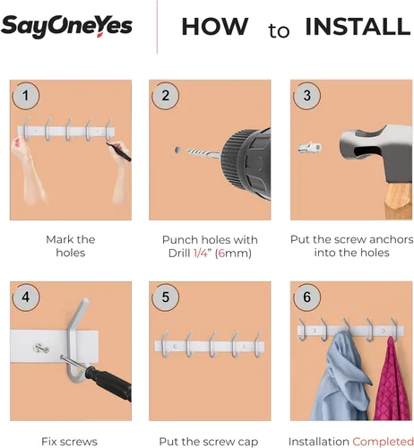 Miniatura 7 de Perchero de Pared Blanco – Riel de Ganchos de Acero Inoxidable de 15 Pulgadas con 5 Ganchos Dobles Resistentes para Abrigos – Perchero Montado