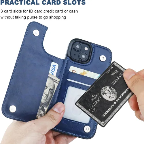 Miniatura 4 de ONETOP - Funda tipo cartera compatible con iPhone 15 con soporte para tarjetas, funda de piel sintética con ranuras para tarjetas, doble cierre Azul