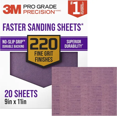 3M Papel de lija avanzado con agarre antideslizante de grado profesional, 9 x 11 pulgadas, grano 220, paquete de 20 unidades