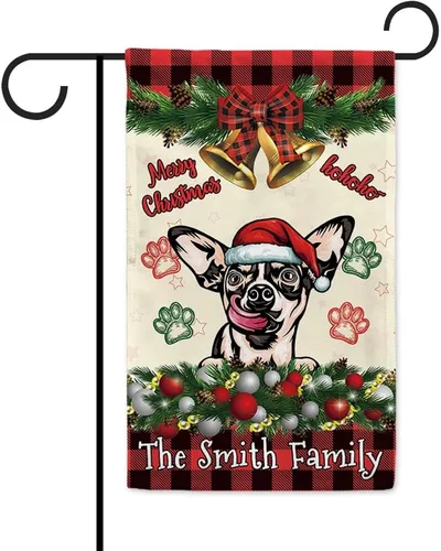 Bandera de jardín de Navidad de 12.5 x 18 pulgadas, anillo de bola de Navidad para perro chihuahua, campana, corona, bandera de búfalo rojo, a