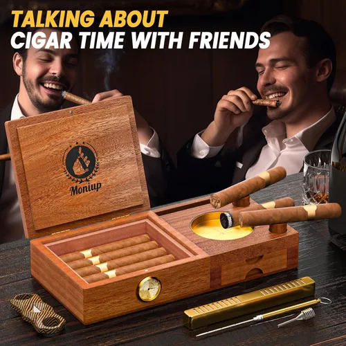 Miniatura 2 de Juego de humidor y cenicero con forro de madera de cedro, con cortador de puros, higrómetro, humidificador, potenciador de dibujo, bandeja de whisky