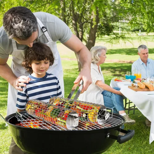 Miniatura 8 de Cesta de parrilla rodante, acero inoxidable SUS304, mango de madera extraíble, cesta de parrilla de barbacoa cilíndrica redonda, parrilla de cocina