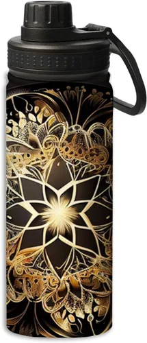 Hermosa botella de agua de acero inoxidable de 18 onzas con patrón circular de mandala dorada, botella de agua deportiva de doble pared aislada al