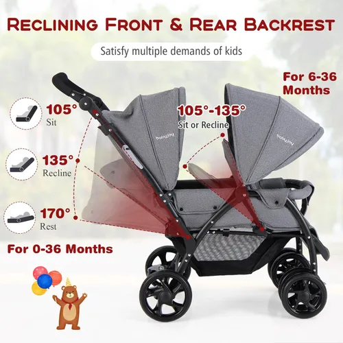 Miniatura 3 de HONEY JOY Cochecito Doble, Plegable Ligero para Bebés Gemelos con Asientos en Tándem, Arnés de 5 Puntos, Asiento Reclinable, Cesta de Gris