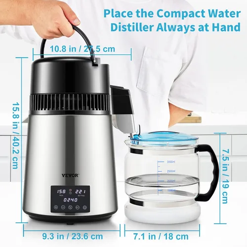 Miniatura 7 de VEVOR Destilador de agua de 1.1 galones, 0.4 galones/h, máquina purificadora de agua destilada 1750W con temporizador de 0-99H, pantalla de Plateado