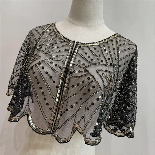 Miniatura 5 de Specell Chal de novia de los años 20, chal con cuentas de lentejuelas, chal y envolturas Bolero, cubierta para vestidos de noche, boda, fiesta, etc