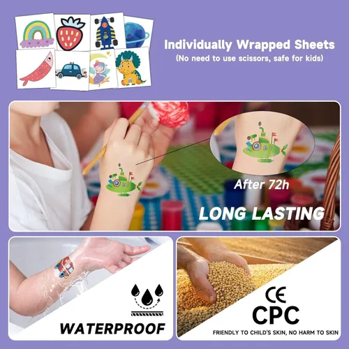 Miniatura 5 de EMOME 204 hojas de tatuajes temporales para niños, tatuajes envueltos individualmente para niños y niñas, suministros de regalos de fiesta