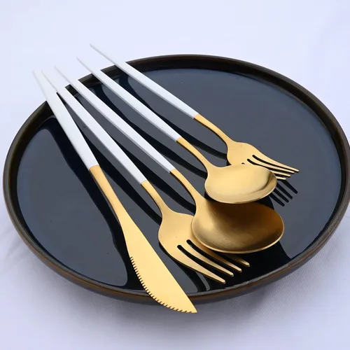 Miniatura 2 de Juego de cubiertos de oro mate y blanco, 5 piezas, juego de vajilla de acero inoxidable 18/10, servicio para 1, juego de utensilios de cocina, juego