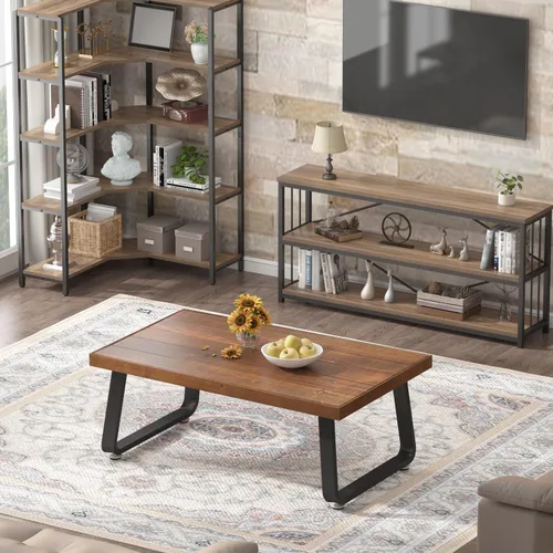 Miniatura 8 de IBF Mesa de centro rústica, mesa de té de madera maciza industrial, mesa de centro de madera real, mesa de café rectangular moderna y minimalista