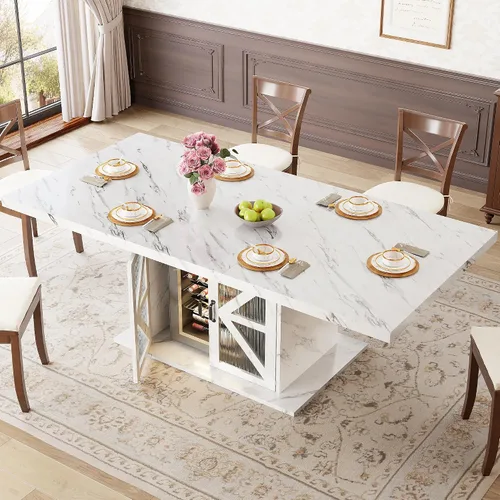 Miniatura 9 de LVB Mesa de comedor para 4-6, moderna mesa de comedor de madera, mesa de cocina rectangular de granja con espacio de almacenamiento y refrigerador