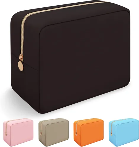 Iqimott Bolsa de Maquillaje Grande de Nylon, Estuche de Viaje Preppy, Bolsa de Cosméticos Grande Organizadora de Maquillaje de Nylon, Bolsa de Negro