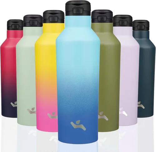 Miniatura 31 de Konokyo - Botella de agua aislada con popote, termo de agua de acero inoxidable de doble pared de 17 onzas con 2 tapas, azul lago