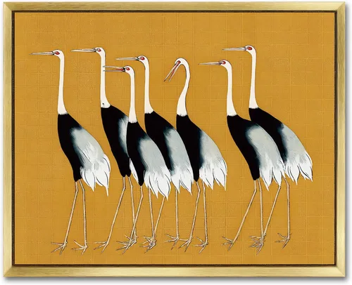 AIMAILON Lienzo dorado vintage para pared, decoración enmarcada con temática de animales, obras de arte de elegancia con grupos de grulla roja