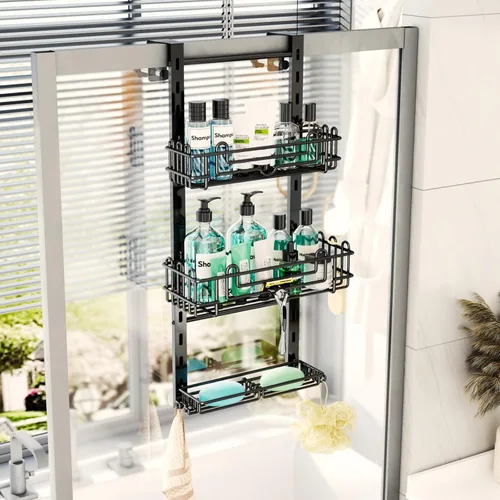 Miniatura 7 de HapiRm Organizador de ducha de 3 niveles sobre la puerta, organizador de ducha colgante con 16 ganchos y 2 soportes para jabón, organizador de baño