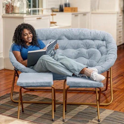 Miniatura 5 de Flash Furniture Eleanor - Silla portátil doble platillo con 2 otomanas, marcos de acero plegables, para dormitorio o dormitorio, 56 pulgadas, piel