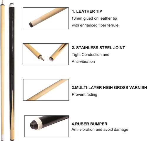 Miniatura 3 de Pool Cue Sticks 58" Wooden Billiard Cues with 13mm Leather Tip 19oz/20oz Durable Hard Wood 2-Piece Pool Sticks for House & Bar Use Begginers or