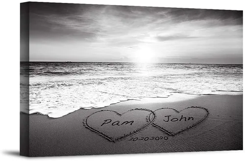 Miniatura 23 de Corazón y corazón en hermoso amanecer fotos personalizadas únicas o impresiones en lienzo con nombres de pareja y fecha especial en la playa, regalo