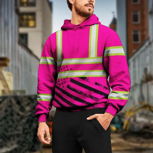 Miniatura 7 de Sudadera con Capucha de Alta Visibilidad con Bandera de EE.UU. de Color Personalizado para Hombres y Mujeres con Cintas Reflectantes, Ropa