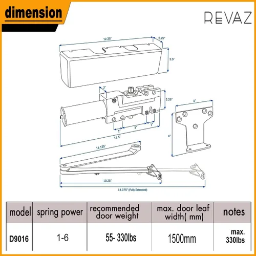Miniatura 7 de REVAZ Cierrapuertas comercial extra resistente D9016 BC función 4040XP, certificación UL, cubierta de plástico ignífugo, tamaño ajustable 1-6, grado