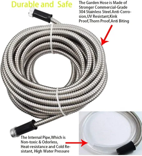 Miniatura 3 de WFLNHB Manguera de jardín flexible y ligera de acero inoxidable 304, mangueras de agua de metal ligero con boquilla para portátil (25)