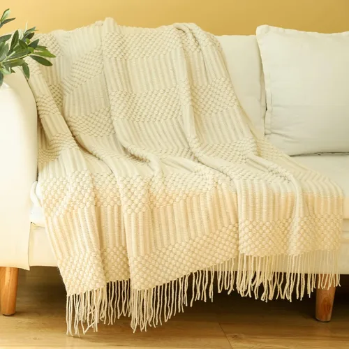 Miniatura 8 de Blagic Manta de punto para sofá, manta suave de estilo bohemio para otoño con borlas, manta ligera decorativa para el hogar, manta beige para cama