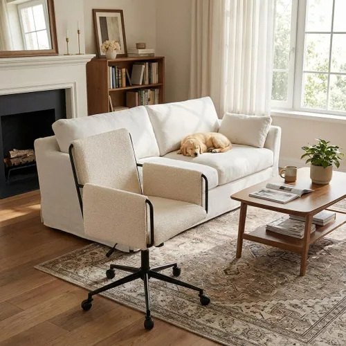 Miniatura 6 de YOUNIKE Silla de oficina en casa con brazos, silla de escritorio moderna con ruedas, sillas de tocador de tela con cómodas patas cruzadas traseras