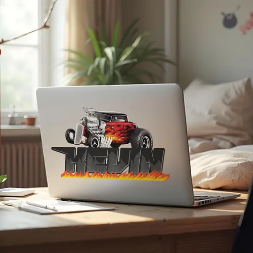 Miniatura 2 de Decoración de habitación de coches, calcomanía de pared con nombre de bandera de carreras, arte de pared personalizado para niños, bebés y niños