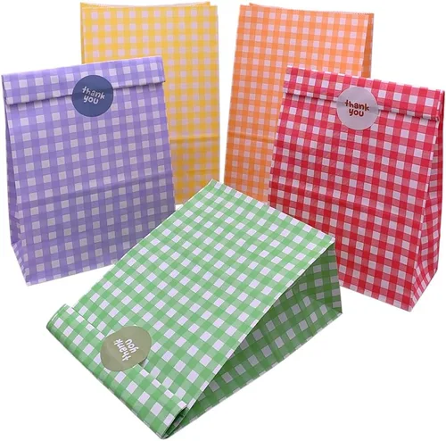 25 bolsas de regalo de fiesta, coloridas bolsas de papel de arcoíris, bolsas de regalo a cuadros, bolsas de regalo con calcomanías para fiesta de