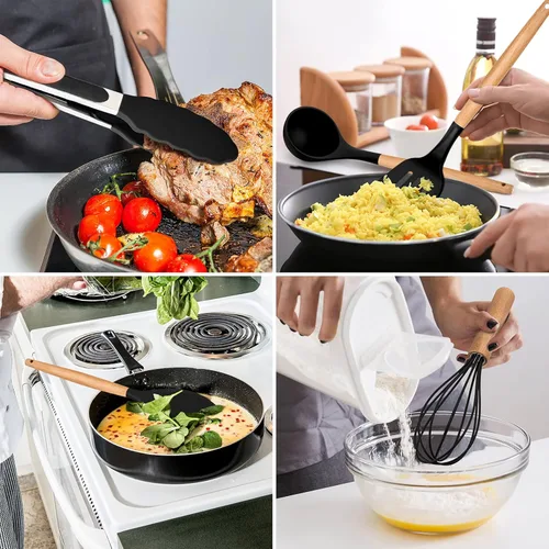 Miniatura 5 de E-far - Juego de 12 utensilios de cocina de silicona con soporte, antiadherentes y resistentes al calor, incluye espátula, pinzas, cucharón, Negro