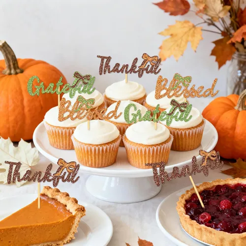 Miniatura 3 de 24 adornos de otoño para cupcakes para decoración del día de Acción de Gracias, lazo con purpurina para pasteles Thankful Blessed Grateful