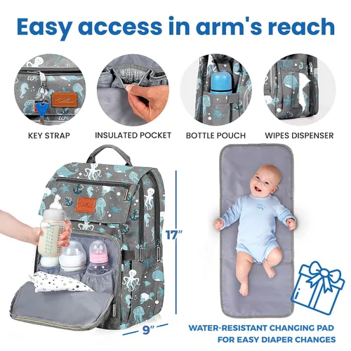 Miniatura 4 de PILLANI Mochila Bolsa para Pañales de Bebé - Bolsa Grande para Niños y Niñas, Mochila Impermeable para Pañales - Bolsas de Pañales de Viaje con G.