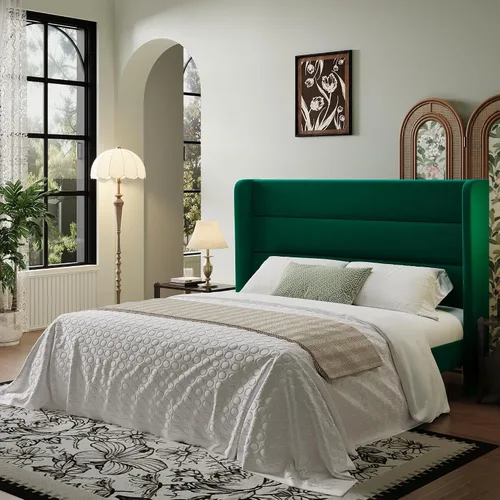 Miniatura 18 de SHA CERLIN - Base de cama tamaño Full con cabecera tapizada en terciopelo y diseño acanalado vertical; plataforma de cama tapizada con listones