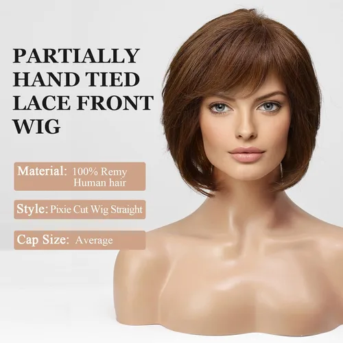 Miniatura 5 de EMMOR Peluca de encaje frontal atada a mano, pelucas de cabello 100% humano para mujer, peluca natural en capas, estilo ondulado diferente