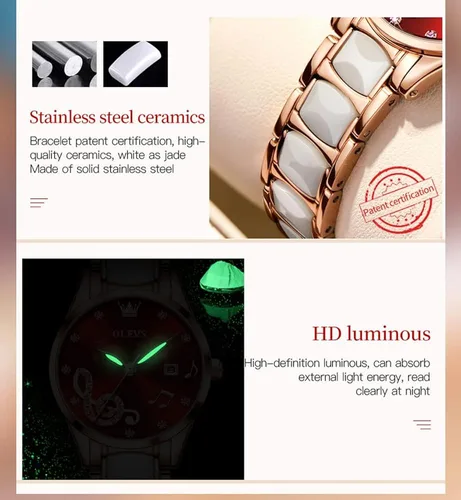 Miniatura 5 de OLEVS Reloj de pulsera para mujer, oro rosa, elegante, de cerámica, para mujer, de cuarzo, acero inoxidable, impermeable, luminoso
