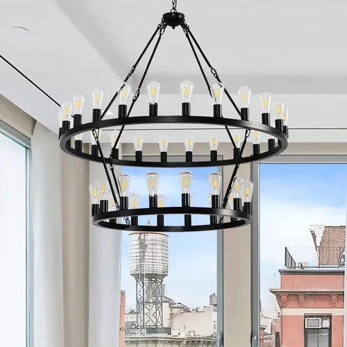 Miniatura 2 de Candelabro negro de 48 pulgadas con rueda de vagón, 2 niveles y 40 luces, estilo granja, industrial, redondo, de techo alto, cadena ajustable